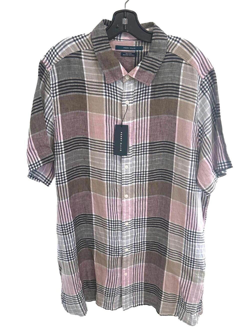 NWT Perry Ellis Men's 100% Linen Plaid Short Sleeve Shirt - XL Tall